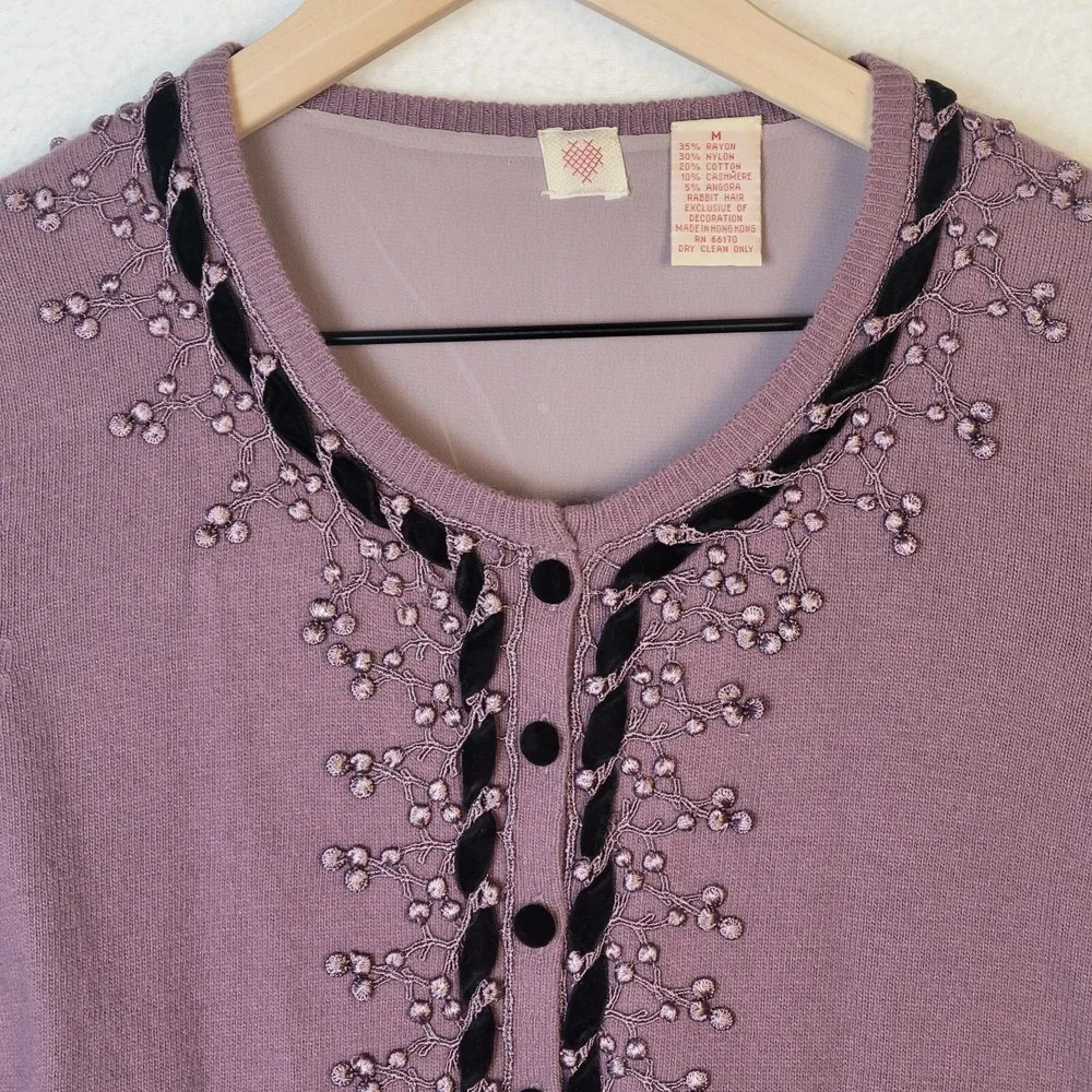 Free People Vintage Y2K Embroidered Cardigan M Velvet Trim Romantic Whimsigoth - Picture 6 of 10